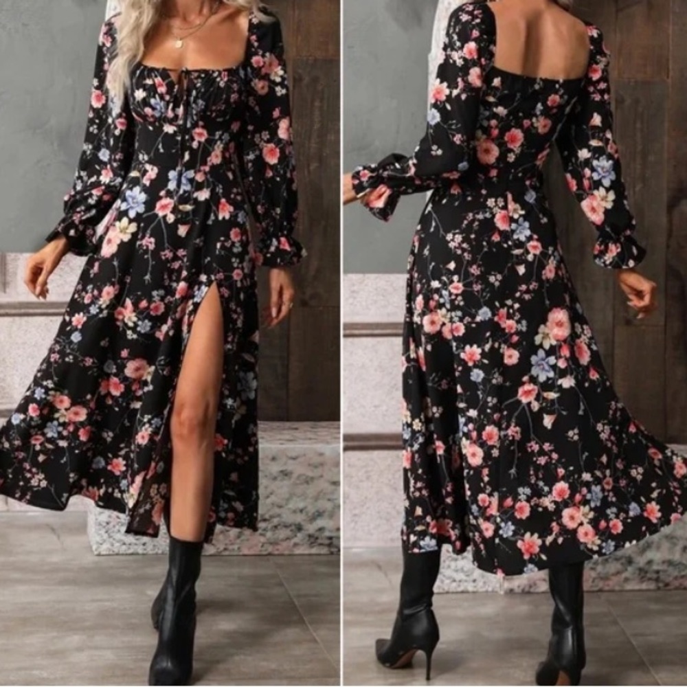 Boho Floral Print Ruffle Sleeve Maxi Dress